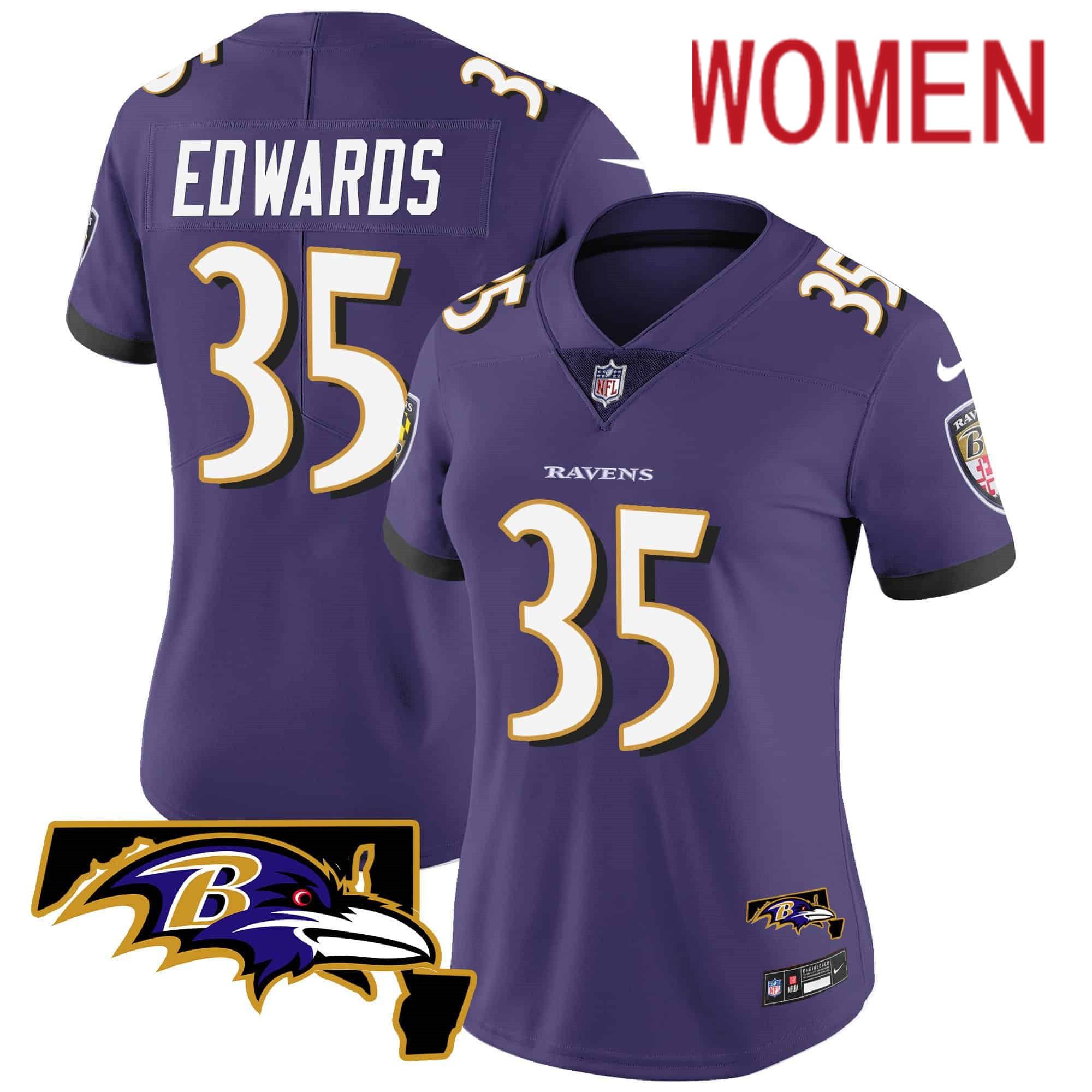 Women Baltimore Ravens #35 Edwards Purple 2024 Nike Maryland Patch Vapor Limited NFL Jersey style 1